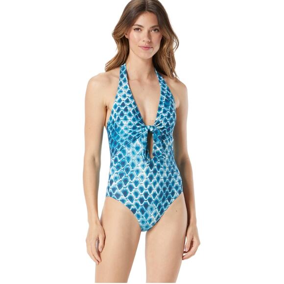 Vince Camuto Nile Boa Blue Tie Front Halter Swimsuit - 10 - Picture 1 of 8